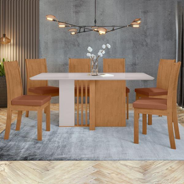 Imagem de Conjunto Mesa 160cm Astrid com 6 Cadeiras Athenas Amêndoa Clean/Off White/Caramelo