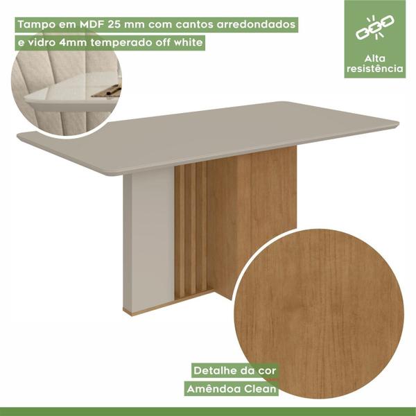 Imagem de Conjunto Mesa 160cm Astrid com Vidro e 6 Cadeiras Apogeu Amêndoa Clean/Off White/Bege