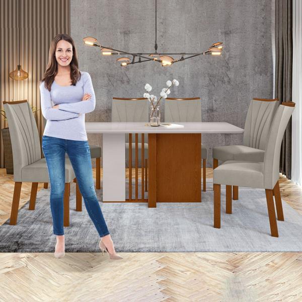 Imagem de Conjunto Mesa 160cm Astrid com Vidro e 6 Cadeiras Apogeu Frassino/Off White/Capuccino