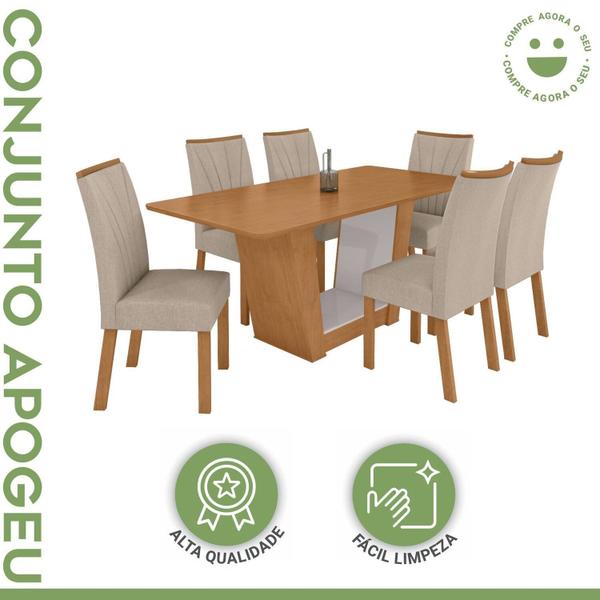 Imagem de Conjunto Mesa 170cm Apogeu Tampo Mdf no Glass com 6 Cadeiras Apogeu Amêndoa /Off White/Bege