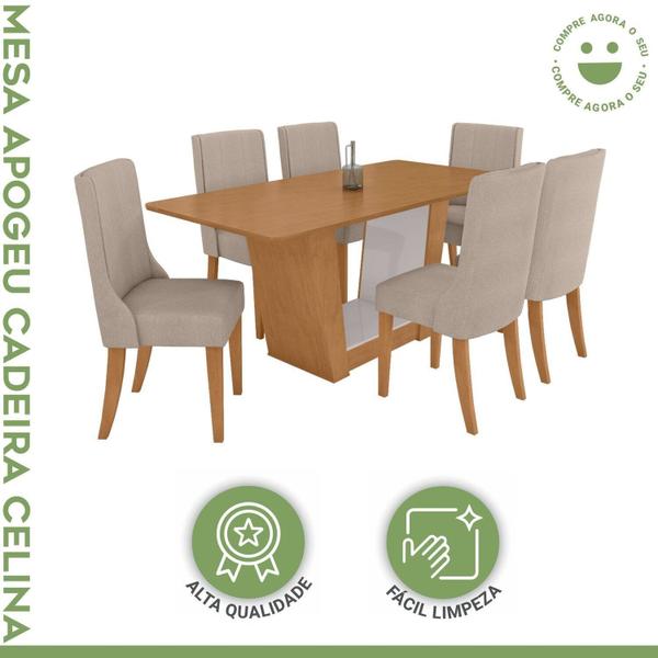 Imagem de Conjunto Mesa 170cm Apogeu Tampo Mdf no Glass com 6 Cadeiras Celina Amêndoa /Off White/Bege