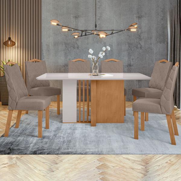 Imagem de Conjunto Mesa 170cm Astrid com Vidro e 6 Cadeiras Vênus Amêndoa Clean/Off White/Animale Bege