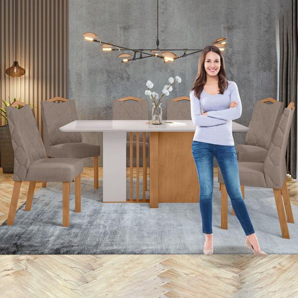 Imagem de Conjunto Mesa 170cm Astrid com Vidro e 6 Cadeiras Vênus Amêndoa Clean/Off White/Animale Bege