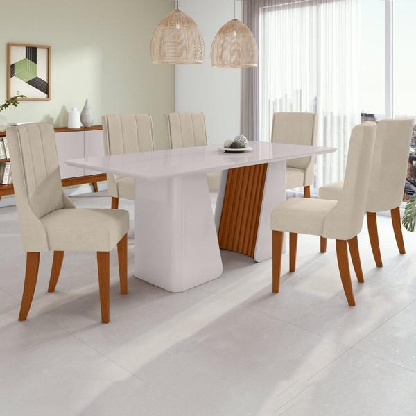 Imagem de Conjunto Mesa 170cm Luxor com Vidro e 6 Cadeiras Celina Off White/Frassino/Naturale Creme