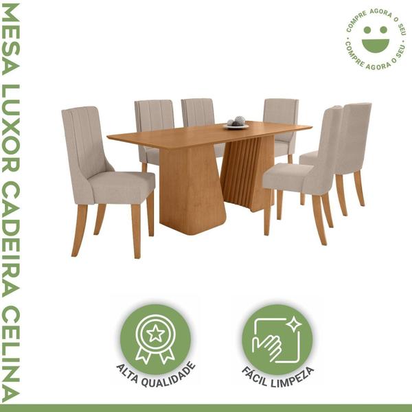 Imagem de Conjunto Mesa 170cm Luxor Tampo Mdf no Glass e 6 Cadeiras Celina Amêndoa/Bege