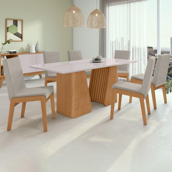 Imagem de Conjunto Mesa 180cm Luxor com Vidro e 6 Cadeiras Atla Amêndoa Clean/Off White/Capuccino