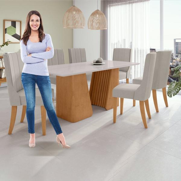 Imagem de Conjunto Mesa 180cm Luxor com Vidro e 6 Cadeiras Celina Amêndoa Clean/Off White/Capuccino