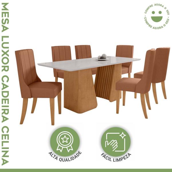 Imagem de Conjunto Mesa 180cm Luxor com Vidro e 6 Cadeiras Celina Amêndoa Clean/Off White/Caramelo