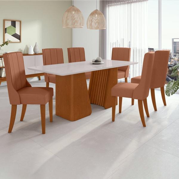 Imagem de Conjunto Mesa 180cm Luxor com Vidro e 6 Cadeiras Celina Frassino/Off White/Caramelo