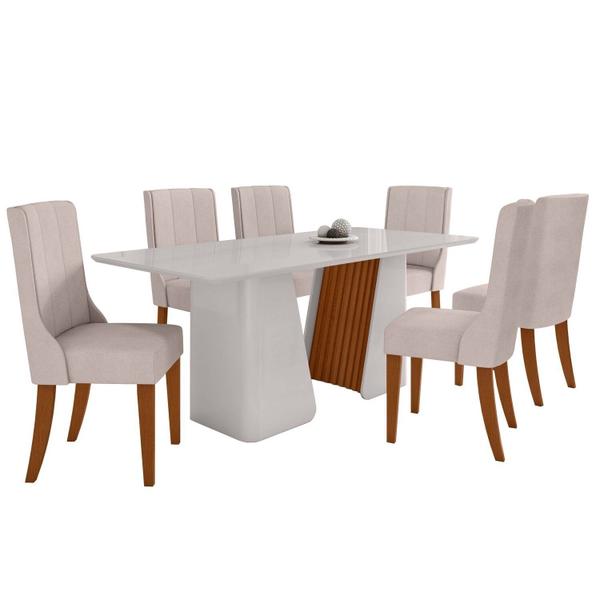 Imagem de Conjunto Mesa 180cm Luxor com Vidro e 6 Cadeiras Celina Off White/Frassino/Off White/Bege