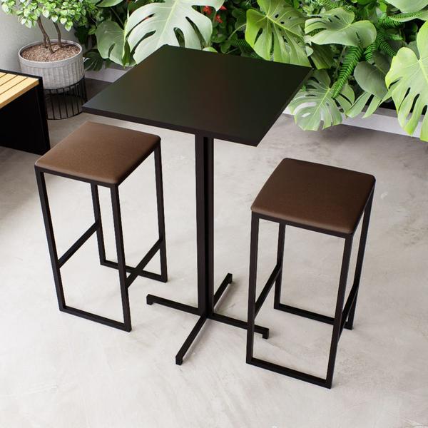 Imagem de Conjunto Mesa Alta Bar Bistrô Quadrada Preta 2 Bancos Estofado Industrial Black