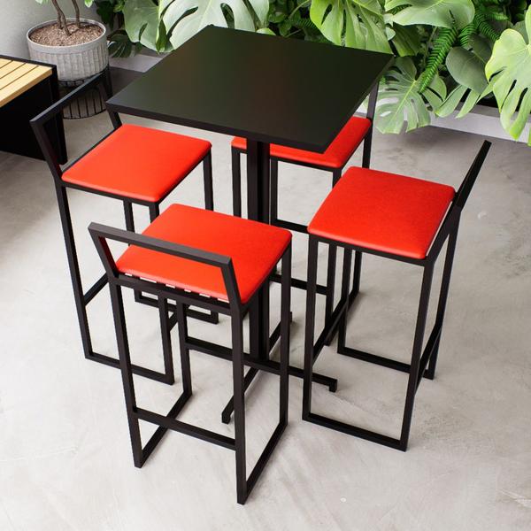 Imagem de Conjunto Mesa Alta Bar Bistrô Quadrada Preta 4 Banquetas Confort Estofado Industrial Black