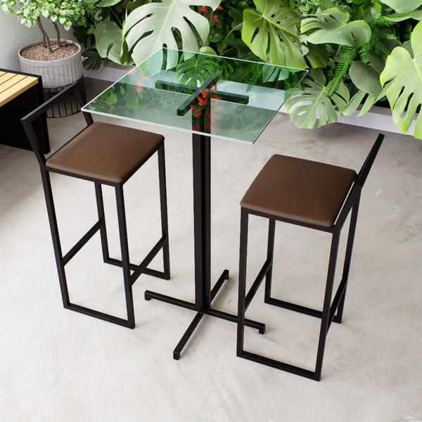 Imagem de Conjunto Mesa Alta Bar Bistrô Quadrada Vidro 2 Banquetas Confort Estofado Industrial Black