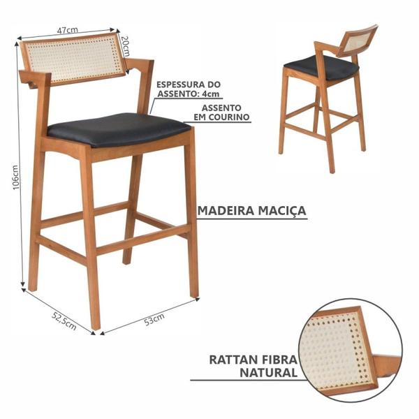 Imagem de Conjunto Mesa Bistrô Alta 106x60cm Nápoles com 3 Banquetas Madeira Maciça com Rattan Natural e Estofada para Sala de Jantar Nápoles