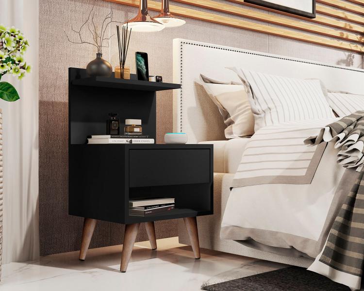 Imagem de Conjunto Mesa Cabeceira Modelo Sleepe com gaveta/prateleira Decoração Preto