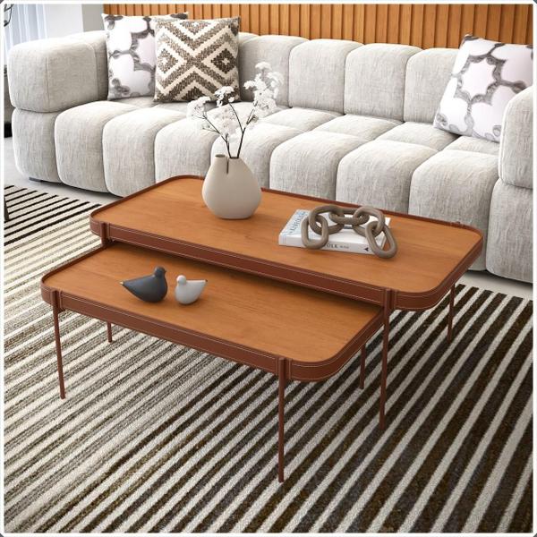 Imagem de Conjunto Mesa Centro Melin 110x52cm e 87x44cm Nature Pés Metal Cobre Ofertamo