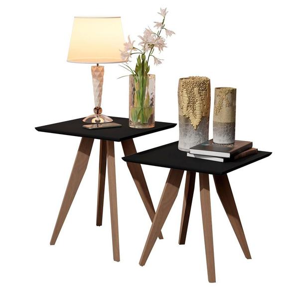 Imagem de Conjunto Mesa Classic Lateral Quadrado Preto Pés de Eucalipto Maciço Móveis Decor 