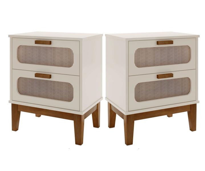 Imagem de Conjunto Mesa de Cabeceira Retro Pes de Madeira 2 Gavetas Cor OffWhite