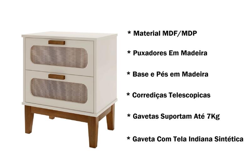 Imagem de Conjunto Mesa de Cabeceira Retro Pes de Madeira 2 Gavetas Cor OffWhite