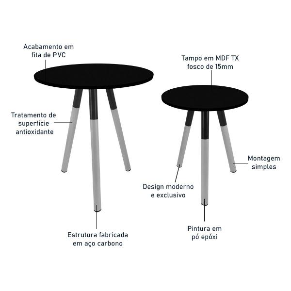 Imagem de Conjunto Mesa de Canto Lateral Dupla Houston Redonda Tripé Mdf - Prata/Preto