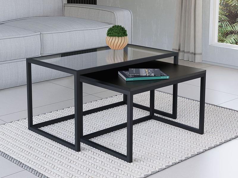 Imagem de Conjunto Mesa De Centro Industrial 65cm e 60cm Preto Duo Vidro e Madeira