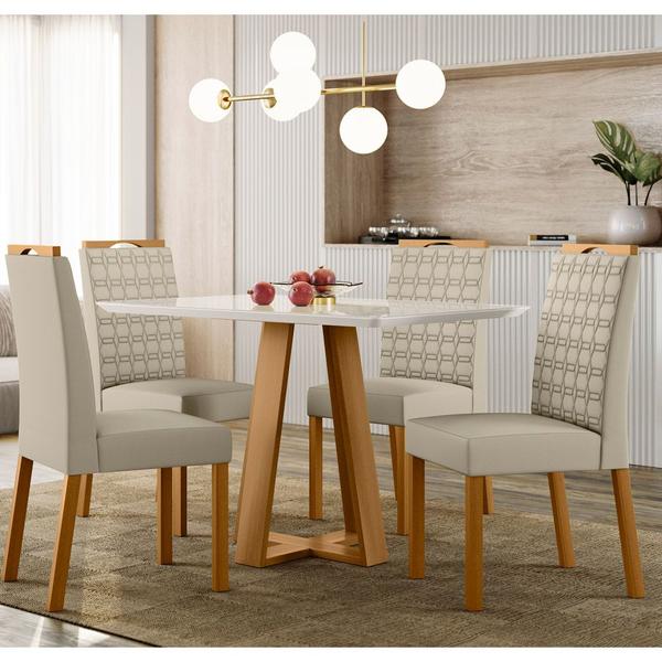 Imagem de Conjunto Mesa de Jantar 1,20m Lectus Tampo com Vidro e 4 Cadeiras Mariah Ypê/Off White/Ja01- New Ceval