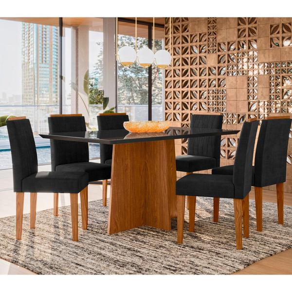 Imagem de Conjunto Mesa de Jantar 1,60m Anitta Tampo MDF com Vidro e 6 cadeiras Ana Ypê/Preto/Ja03 - New Ceval