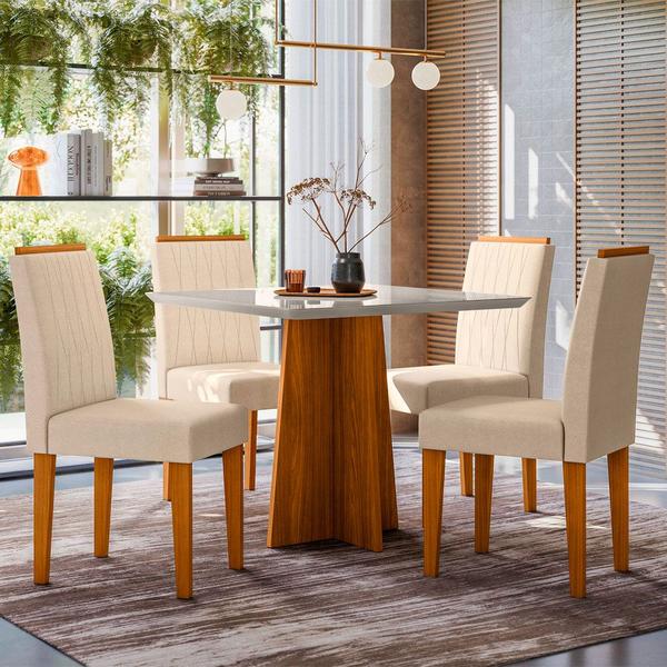 Imagem de Conjunto Mesa de Jantar 90cm Anitta Tampo Mdf com Vidro e 4 Cadeiras Ana Ypê/Off White/Ln04 - New Ceval