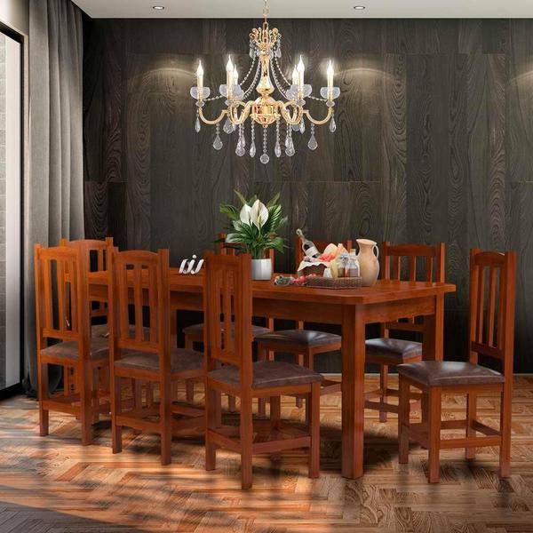 Imagem de Conjunto Mesa De Jantar Com 8 Cadeiras Estofadas Madeira Maciça Castanho Santana Shop JM