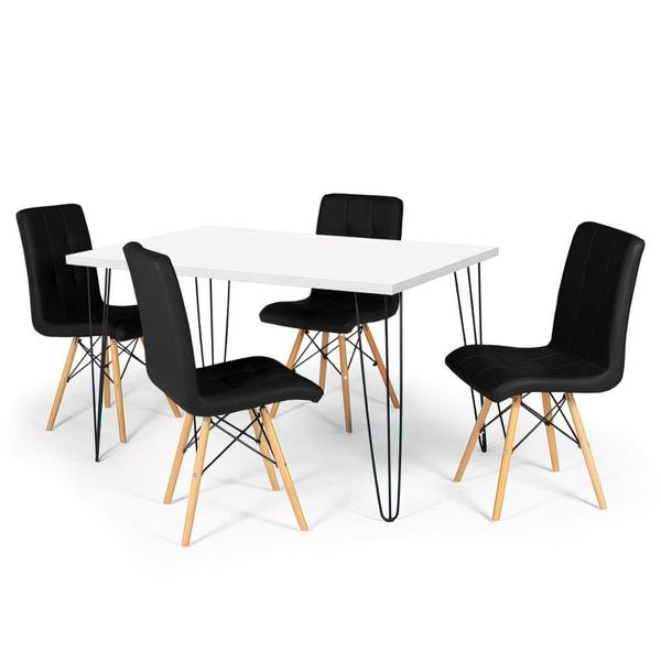 Imagem de Conjunto Mesa de Jantar Hairpin 130x80 Branca com 4 Cadeiras Eiffel Gomos - Preto