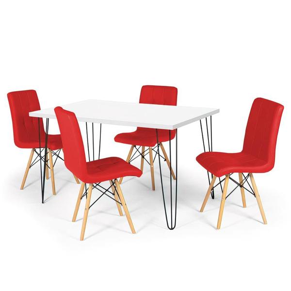 Imagem de Conjunto Mesa de Jantar Hairpin 130x80 Branca com 4 Cadeiras Eiffel Gomos - Vermelho