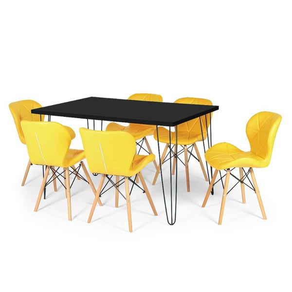 Imagem de Conjunto Mesa de Jantar Hairpin 130x80 Preta com 6 Cadeiras Eiffel Slim - Amarelo