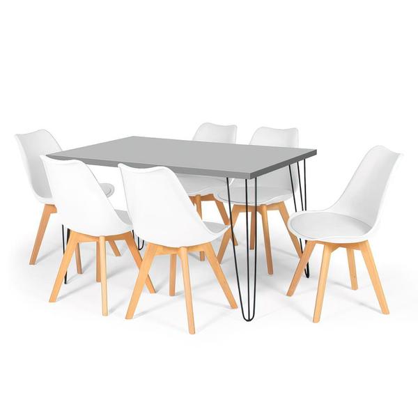 Imagem de Conjunto Mesa de Jantar Hairpin 130x80 Volpi com 6 Cadeiras Eiffel Leda - Branco