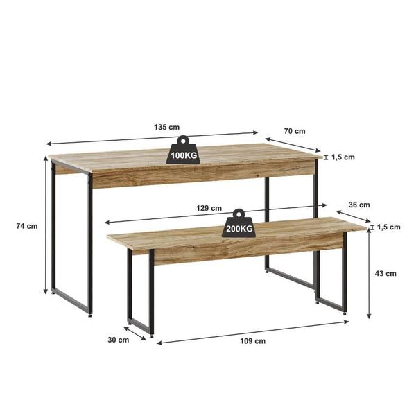 Imagem de Conjunto Mesa de Jantar Industrial com 1 Banco - Carvalho/Preto