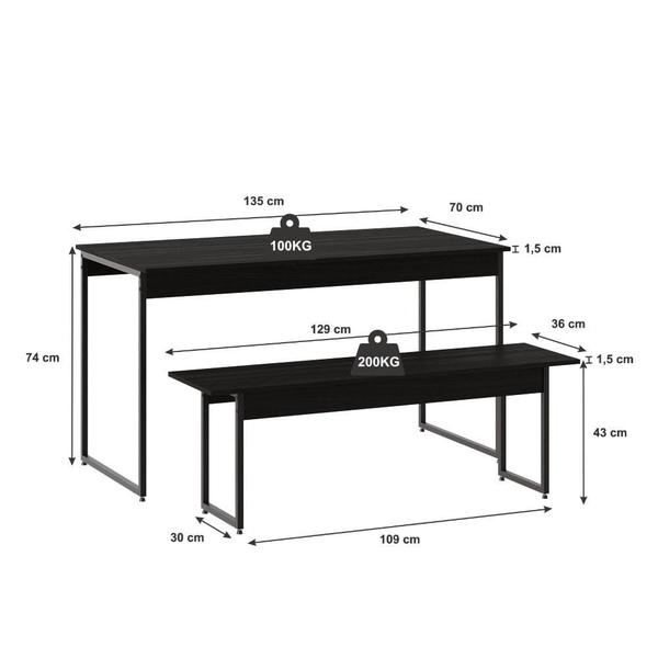 Imagem de Conjunto Mesa de Jantar Industrial com 1 Banco - Preto