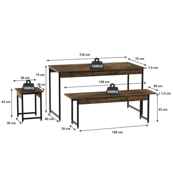 Imagem de Conjunto Mesa de Jantar Industrial com 2 Bancos/2 Banquetas - Carvalho Dark/Preto