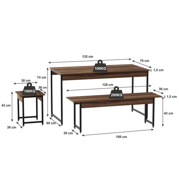 Imagem de Conjunto Mesa de Jantar Industrial com 2 Bancos/2 Banquetas - Nogal/Preto