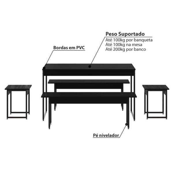 Imagem de Conjunto Mesa de Jantar Industrial com 2 Bancos/2 Banquetas - Preto