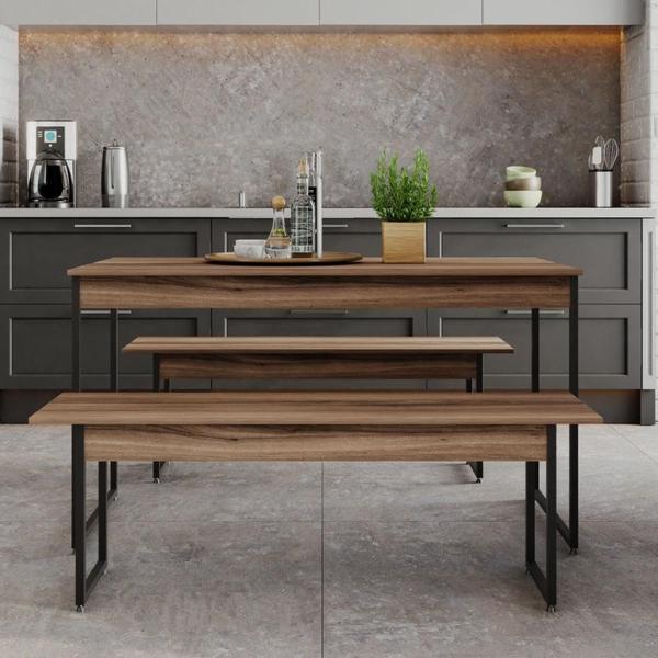 Imagem de Conjunto Mesa de Jantar Industrial com 2 Bancos - Nogal/Preto