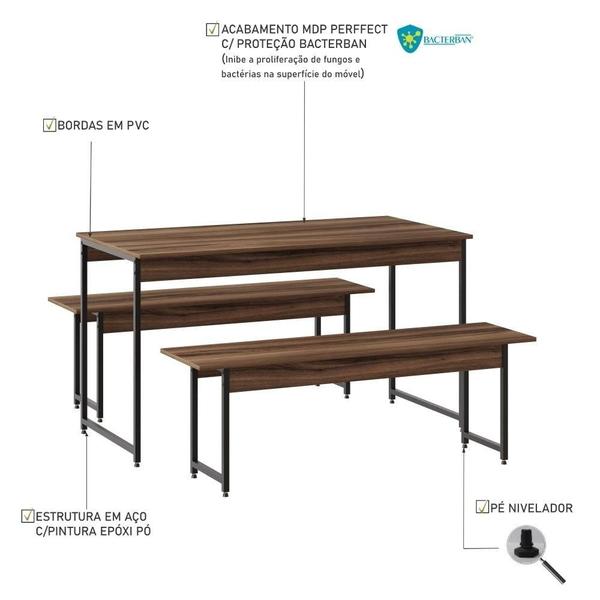 Imagem de Conjunto Mesa de Jantar Industrial com 2 Bancos - Nogal/Preto