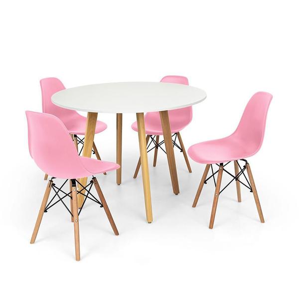 Imagem de Conjunto Mesa de Jantar Laura 100cm Branca com 4 Cadeiras Charles Eames - Rosa