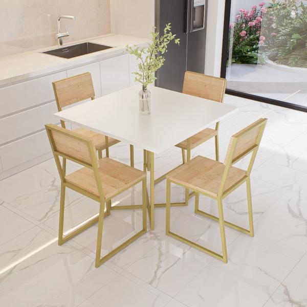 Imagem de Conjunto Mesa de Jantar Quadrada Branca 4 Cadeiras Pinus Riviera Industrial Dourado