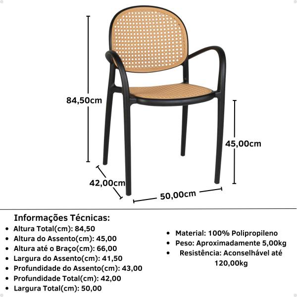 Imagem de Conjunto Mesa de Jantar Quadrada Eiffel 80x80 Branca com 4 Cadeiras Roma com Braço - Preto