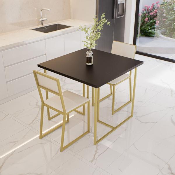 Imagem de Conjunto Mesa de Jantar Quadrada Preta 2 Cadeiras Estofado Riviera Industrial Dourado