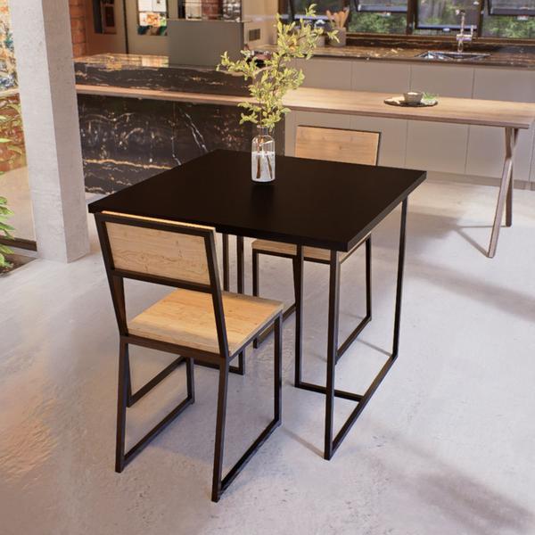 Imagem de Conjunto Mesa de Jantar Quadrada Preta 2 Cadeiras Pinus Riviera Industrial Preto