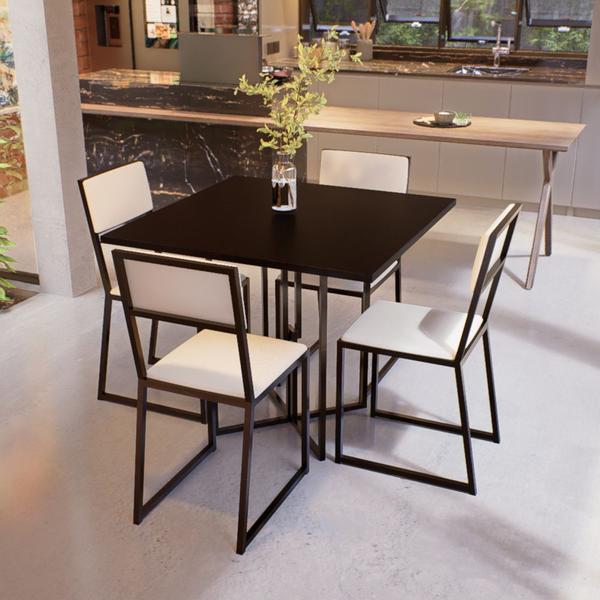 Imagem de Conjunto Mesa de Jantar Quadrada Preta 4 Cadeiras Estofado Riviera Industrial Preto