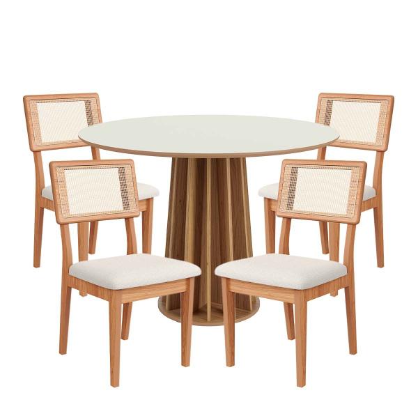 Imagem de Conjunto Mesa de Jantar Redonda 4 Cadeiras Encosto Tela 100% MDF Branco Bege Dalla Costa