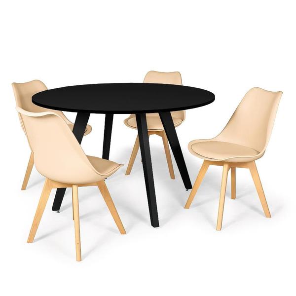 Imagem de Conjunto Mesa de Jantar Redonda Amanda Preta 120cm com 4 Cadeiras Eiffel Leda - Nude