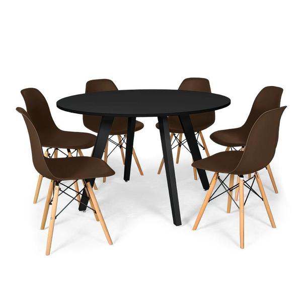 Imagem de Conjunto Mesa de Jantar Redonda Amanda Preta 120cm com 6 Cadeiras Eames Eiffel - Marrom