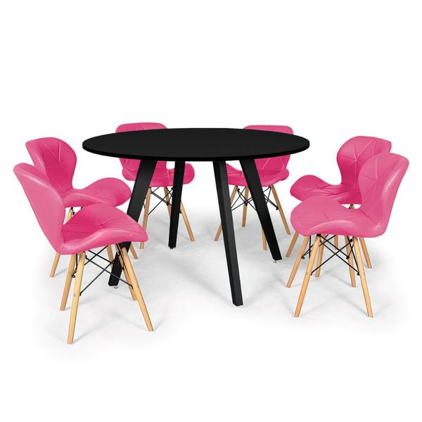 Imagem de Conjunto Mesa de Jantar Redonda Amanda Preta 120cm com 6 Cadeiras Eiffel Slim - Rosa